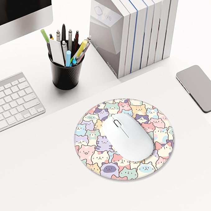 Round Cute Cat Mouse Pad, Small Kawaii Funny Cat Design Mousepad, Laptop Computer Office and Gaming Desk Mat for Girl, 7.9x7.9x0.12in(02-Cat)