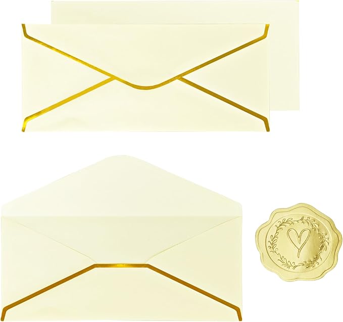 30 Pack #10 Business Envelopes with Gold Border and Stickers, 9.49x4.13 Inch Self Seal Standard Envelopes for Office, Letters, Checks, Invoices, Documents (Cream)
