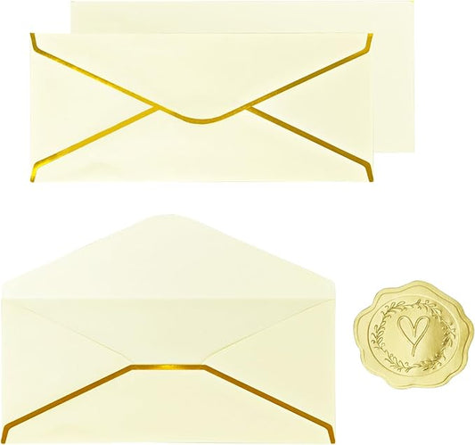 30 Pack #10 Business Envelopes with Gold Border and Stickers, 9.49x4.13 Inch Self Seal Standard Envelopes for Office, Letters, Checks, Invoices, Documents (Cream)