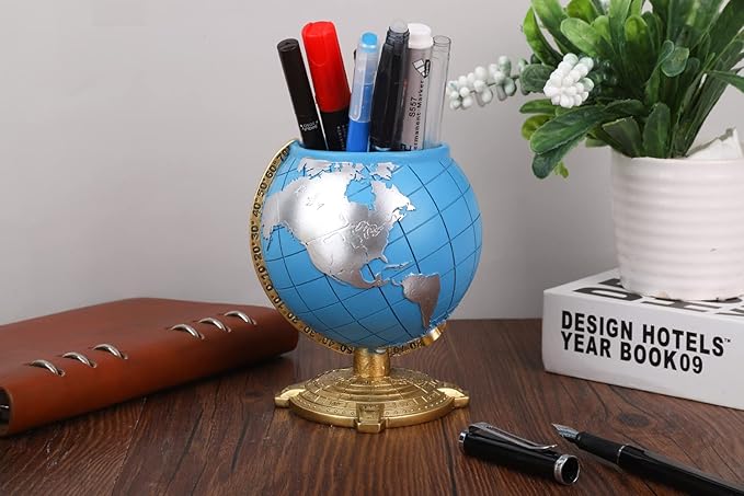 Globe Pen Holder Desk Decor Organizer Cute Cool Fun Vintage Pencil Cups Gifts for Teacher Kids Men Desk Accessories for Office Home School (Blue)