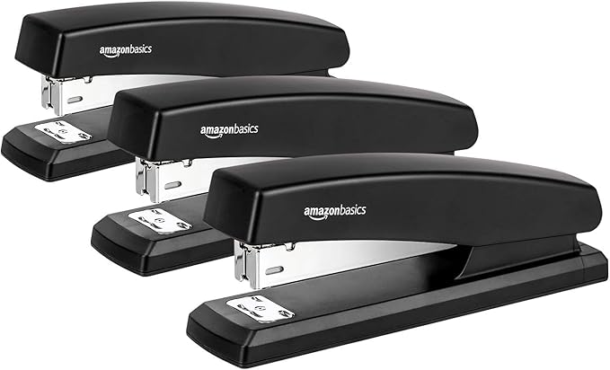 Amazon Basics Desktop Stapler with 1000 Staples, Office Stapler, Lightweight, Easy to Use, 25 Sheet Capacity, Non-Slip, Black, 3 Pack