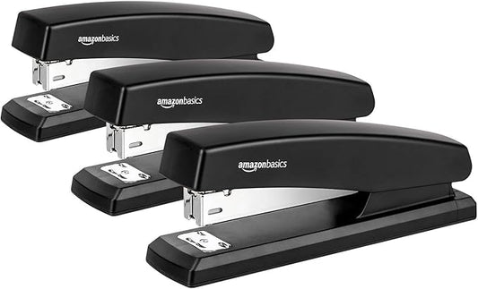 Amazon Basics Desktop Stapler with 1000 Staples, Office Stapler, Lightweight, Easy to Use, 25 Sheet Capacity, Non-Slip, Black, 3 Pack