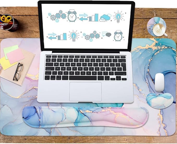 Large Mouse Pad Desk Dad, 4-in-1 Keyboard Wrist Rest Pad & Wrist Support Mouse pad Set, Extended Desk Pad Waterproof Desk Mat for Home Office Study Game-Blue Marble