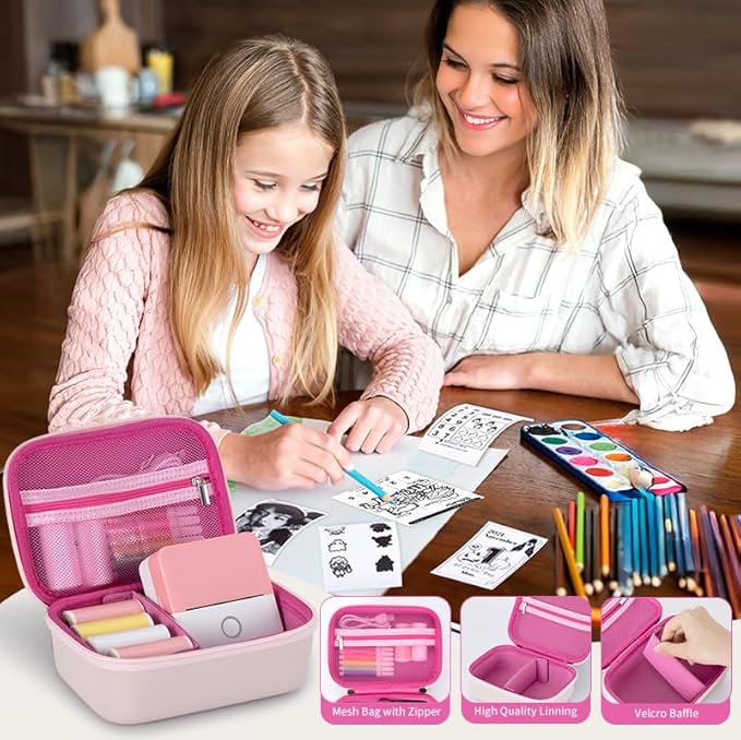 Carrying Case for Print Pods Mini Printer, Portable Mini Thermal Sticker Maker Travel Bag with Mesh Pocket, Bluetooth Label Printer Protective Storage Holder for Printing Paper & Accessories (Pink)