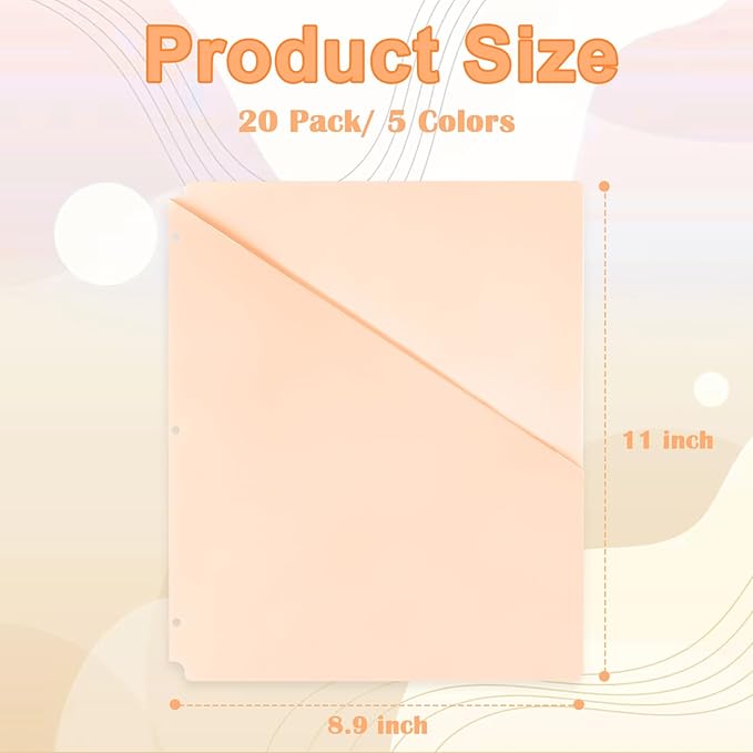 20 Pack Binder Pocket Letter Size Clear Plastic Document Folders File Folders Plastic 3 Hole Punch Binder Folders Binder Dividers with Pockets Binder Folders Side Loading 11x8.9 inch Assorted Colors