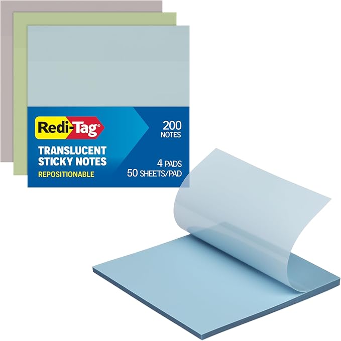 Redi-Tag Translucent Sticky Notes, Transparent Self-Stick Notes, 3" x 3", Calming Colors, 4 Pads, 50 Notes Per Pad, 200 Sheets (1006592)