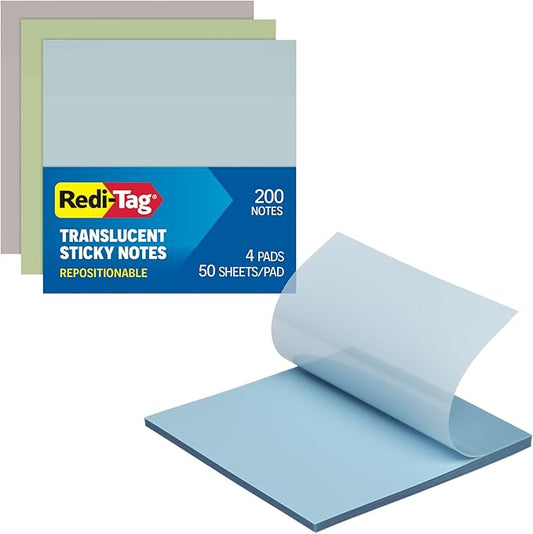 Redi-Tag Translucent Sticky Notes, Transparent Self-Stick Notes, 3" x 3", Calming Colors, 4 Pads, 50 Notes Per Pad, 200 Sheets (1006592)