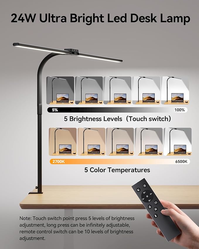 AUSDOM LED Desk Lamp for Home Office, 24W Ultra Bright Architect Task Light with Clamp & USB Port, 5 Colors & Dimming Touch Control, Flexible Gooseneck for Reading, Crafting, Gaming- 50 Lighting Modes