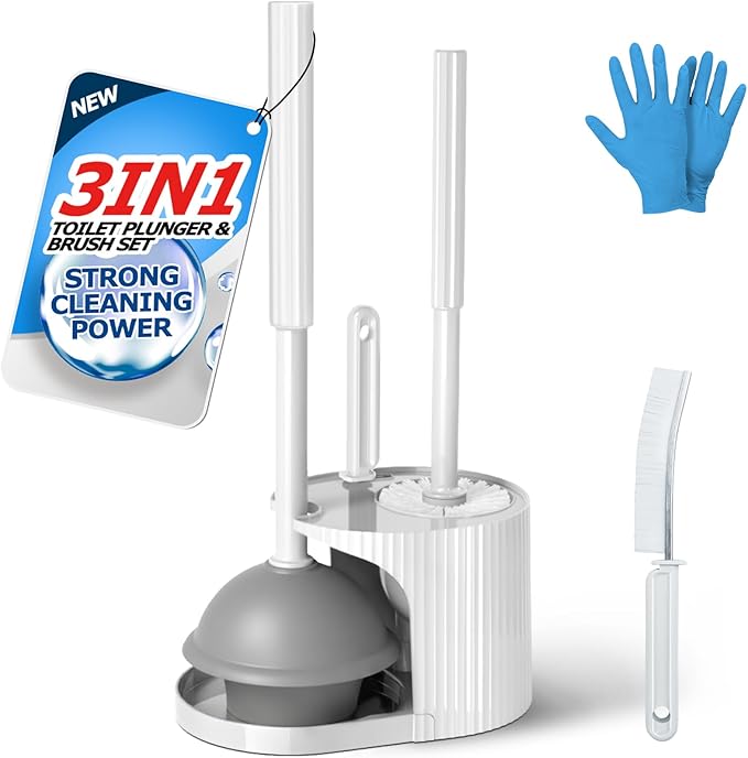 FORASTO 3 in 1 Toilet Brush and Plunger Set,Toilet Bowl Brush Plunger Set,Toilet Brush Plunger Combo,Cleaning Brush,Cleaning Supplies, Crevice Cleaning Brush, Bathroom Cleaning Tools, Pearl White