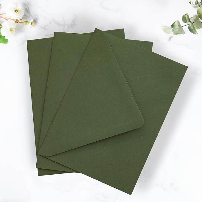PONATIA 50PCS A7 Euro Flap Envelope, 5.25 x 7.25'' Olive Green Flowers Liner Envelopes for Wedding Invitations, Photos, Postcards, Greeting Cards, Christmas Gift, Acrylic Mailing, 5 x 7 Envelopes