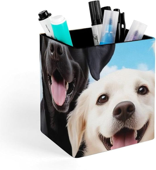 Pen Holder Square Leather Pencil, Holder Cup Makeup Brush Storage Organizer, Waterproof Multifunctional Office Supplies Cute Dogs