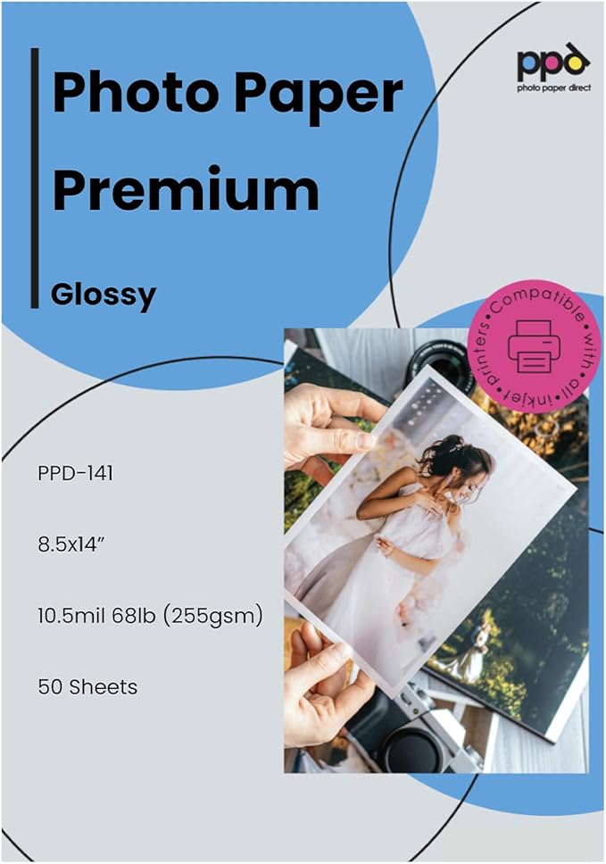 PPD Glossy Photo Paper for Inkjet Printer, 8.5 x 14" Premium Quality Printable Sheets for Custom Picture, Professional Photographic Instant Dry For Normal, Dye or Pigment Ink (50 Pack/255 gsm)