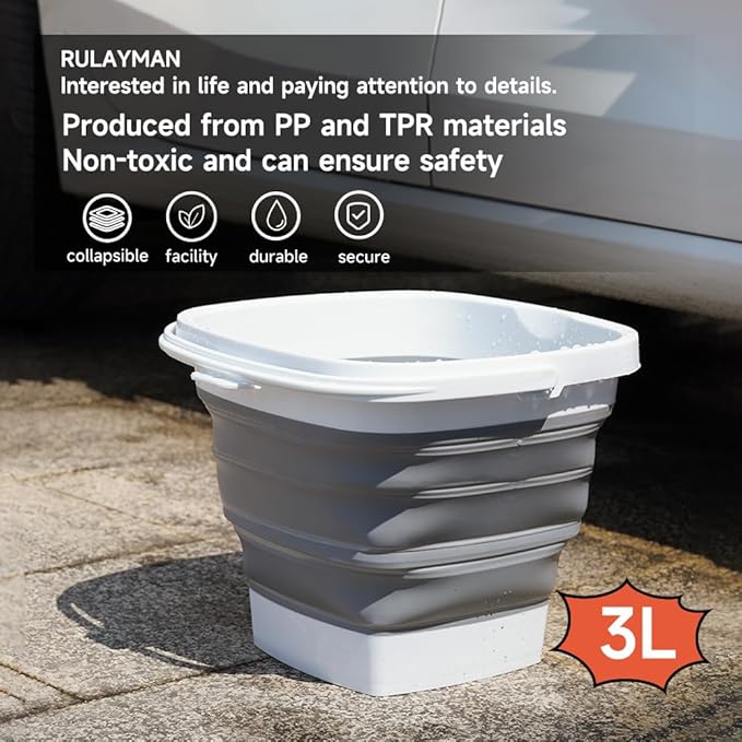 2 Pack Collapsible Plastic Bucket with Handle 0.79 Gallon (3L) Each Foldable Rectangular Tub for Cleaning Camping Essentials Space Saving Outdoor Portable Bucket for Camping