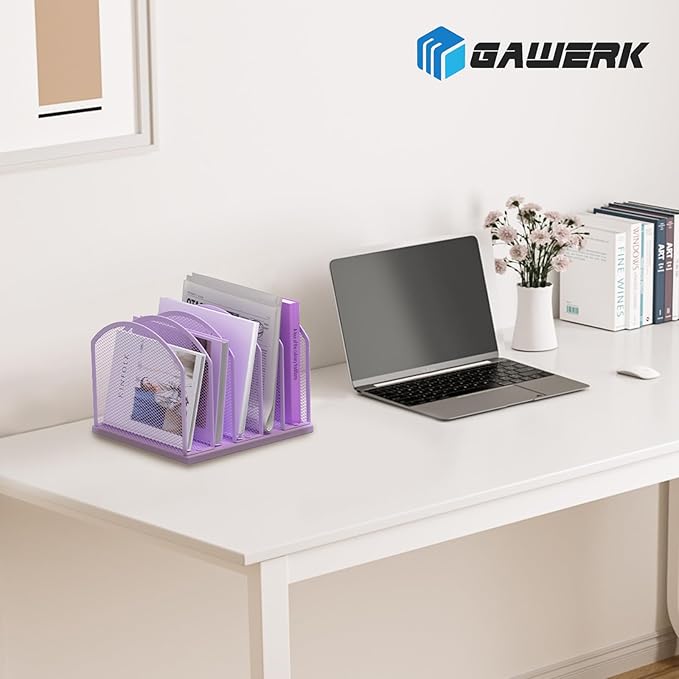 5-Section Vertical Desktop Organizer, 5-Section Mesh File Folder Stand Sorter for Office Home Classroom Organization (1, Purple)