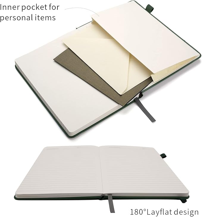 Deziliao Lined Journal Notebooks with Pen Loop, Hardcover Notebook Journal for Work, 100Gsm Premium Thick Paper with Inner Pocket, Medium 5.7"x8.4", （Dark-Green, Ruled）