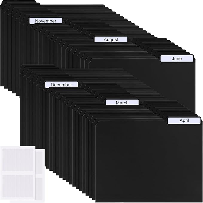 48 Pack Colored Plastic File Folders with Tabs and Sticky Labels Sturdy 1/3 Cut Tab Manila File Folders Letter Size 8. 5 x 11 Inch for Office Home Supplies Organizer Documents(Black)