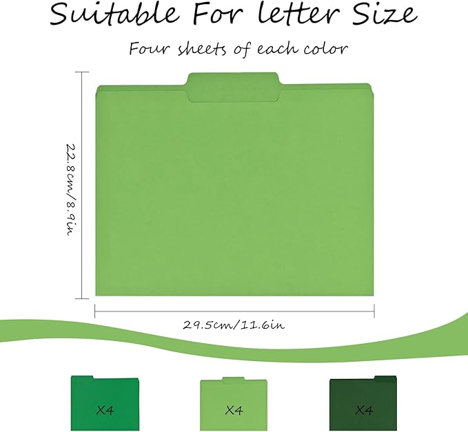 12Pcs Green File Folders Letter Size Colored Manilla File Folders with 1/3-cut Tabs Decorative File Pockets for Office School Business Home Organizer (12, Green Series)