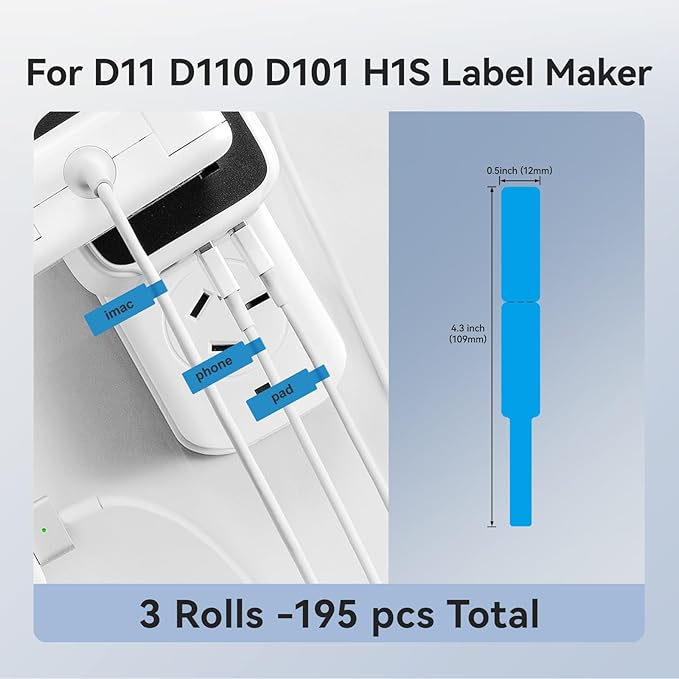 NIIMBOT D11 Label Tape D110 Label Maker Papers 3Rolls Cable Labels, Self-Adhesive Labeling Tape 0.47" X 4.29" (12 X 109mm) Cable Label Refills for Home Office Circuit Box, 195 Labels/3Rolls, Blue