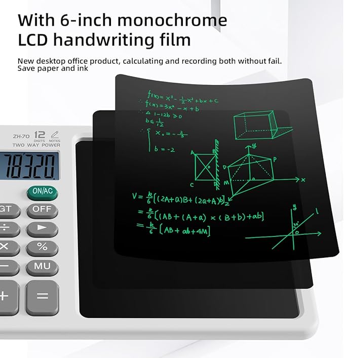 Scientific Calculator with Pull - Out Stylus, 12 - Digit Wide Screen & 100,000+ Reusable Writing Pad, One - Click Clear/Lock, Solar & Battery Dual Power, Portable for School Office Business (White)