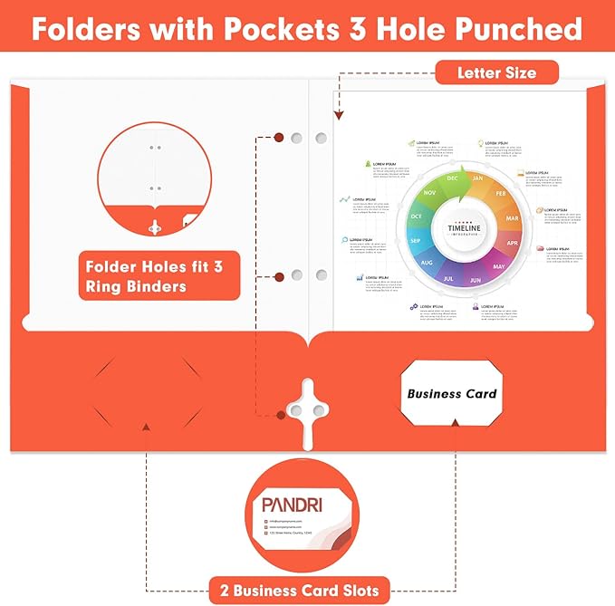 Two Pocket Portfolio Folders, PANDRI 60 Pack 3 Hole Punched 2 Pocket Folders for 3 Ring Binder, Letter Size Paper File Folder for School Office Home Business, Red