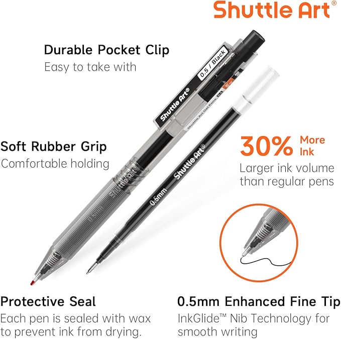 Shuttle Art Black Gel Pens, Ink Glide Series 15 Pack Retractable 0.5mm Fine Point Rollerball Gel Ink Pens Quick Drying Waterproof Smooth Writing with Comfortable Grip for Office School and home
