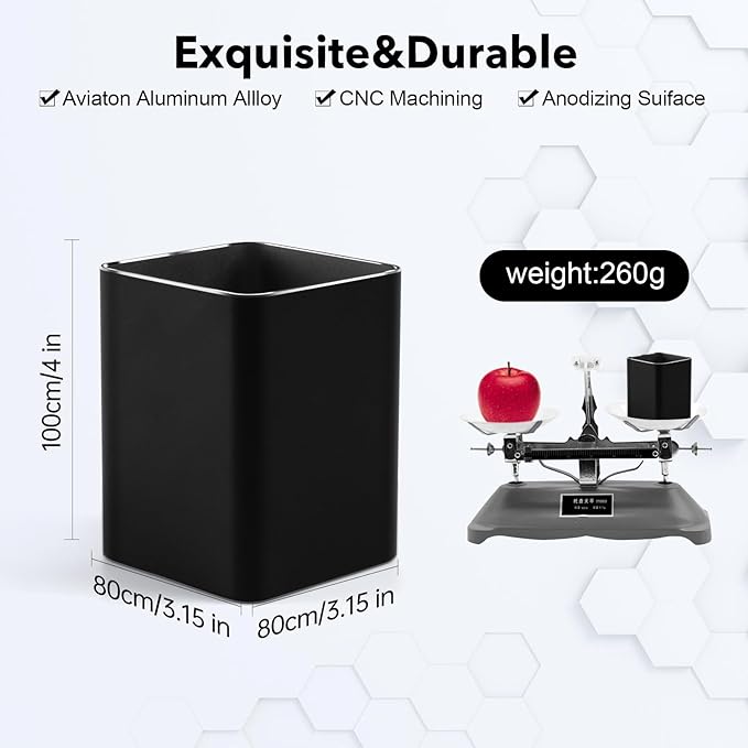 RQB Metal Pen Holder for Desk Square Aluminum Desktop Organizer and Makeup Brush Holder Storage Box for Office, School, Home, and Kids, Non-slip silicone 4×3.15inch (Black)