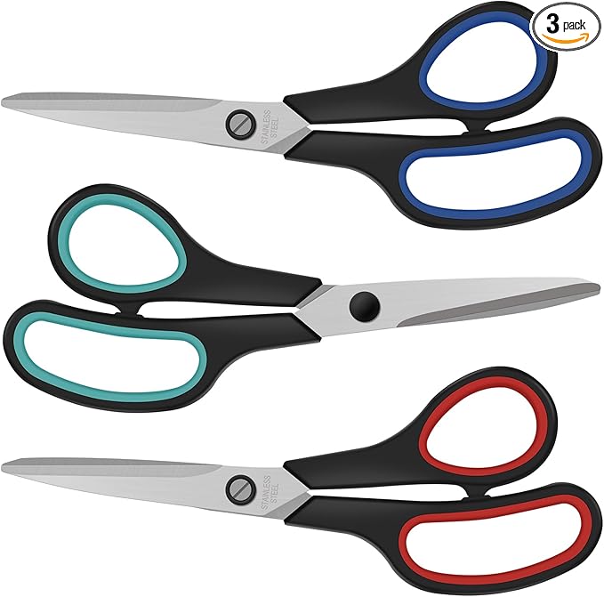 3 Pack Scissors All Purpose, 8.3" Sharp Stainless Steel Scissor With Ergonomic Soft-Grip Handles, Right/Left Hand, Scissors for Office, School, Classroom, Kitchen, Crafts, Sewing (Red+Green+Blue)