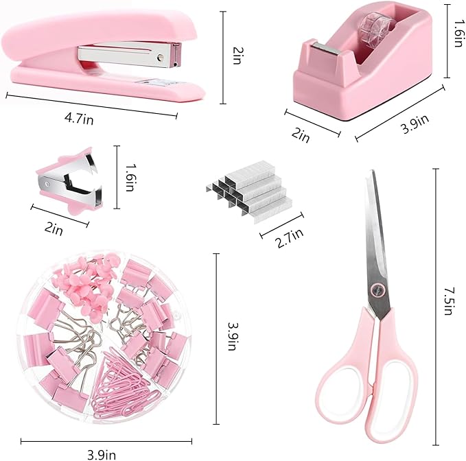Office Supplies,Desk Accessories,with Stapler,Tape Dispenser,Staple Remover,Scissor,Ballpoint Pen,Sticky Notes,Clear Tape,Staples,Desk Organizer,Phone Stand,Binder,Index Tabs,Best gift set(Pink)