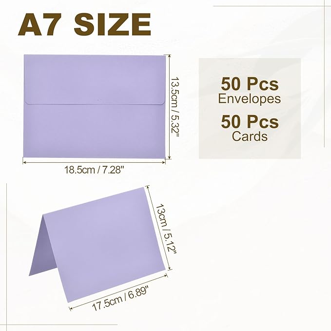 PATIKIL 50Pack Light Purple 5x7 Blank Cards and Envelopes, Self Seal A7 Envelopes with Folded Cardstock Small for Greeting Cards Wedding Greeting Birthday Invitations Letter Mailing