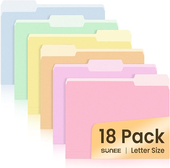 SUNEE File Folders, 18 Pack Manilla Folders 8.5 x 11, Colored Folder Office Organization Home School Folders for Documents Files Paper, 6 Bright Colors