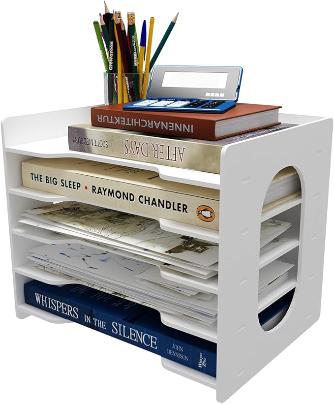 Natwind 5-Tier File Paper Organizer for Desk & Desktop - White File Holder with Mail Letter Tray & Paper Sorter for Home Office, School Classroom