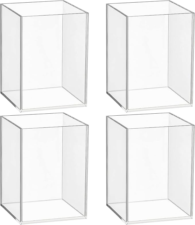 4-Piece Clear Acrylic Pen Holder & Pencil Cup - Makeup Brush Holder - Desktop Stationery Organizer for Office, School, Home - 4 Pack, Square
