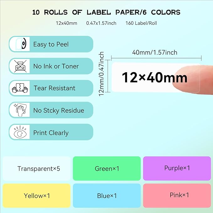eebbl Label Maker Tape Refill 12mm 0.47, Standard Laminated Thermal Label Tape Replacement, 0.47"×1.57"(12×40mm) 1650 Labels/10Rolls/Pack, High Definition Labeling Tape for Home Office School Hotel