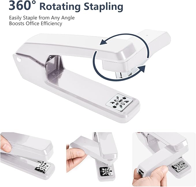 MJMX 360° Rotating Swing-Arm Stapler, 25-Sheet Capacity, with 1000 Staples, 8-Position Lock, ABS Durable Design, for Office/Home/School (White)