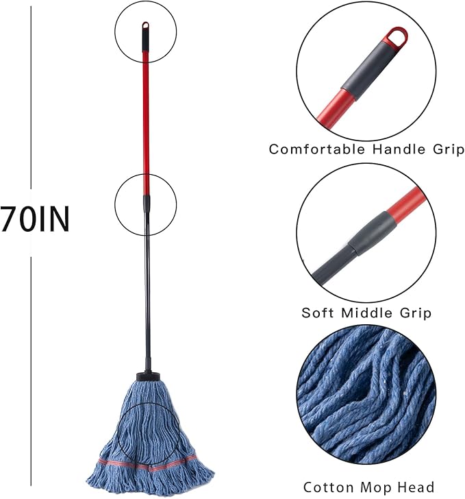 Matthew Large Commercial&Residential Mop Heavy Duty Industrial Mops w/Screw-on handle(Fit Standard American Screw)Looped-End String Wet Cotton Mops for Home,Office,Warehouse - 2 Set&2 Mop Replacements