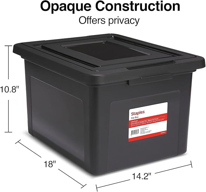 STAPLES Hanging File Folder Box, Storage Bin Organizer, Snap Lid, Letter & Legal Size Documents, Black