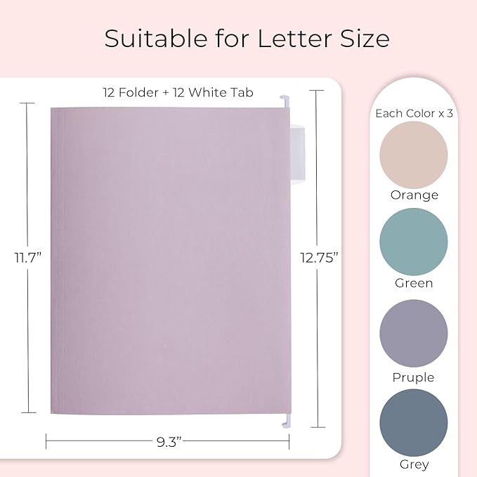 Y YOMA 12 Pack Colored Hanging File Folders Letter Size Decorative Hanging Folder Cute Pretty File Folder for Filing Cabinet Office Home with 1/5-Cut Adjustable Tabs, 4 Selected Morandi Color