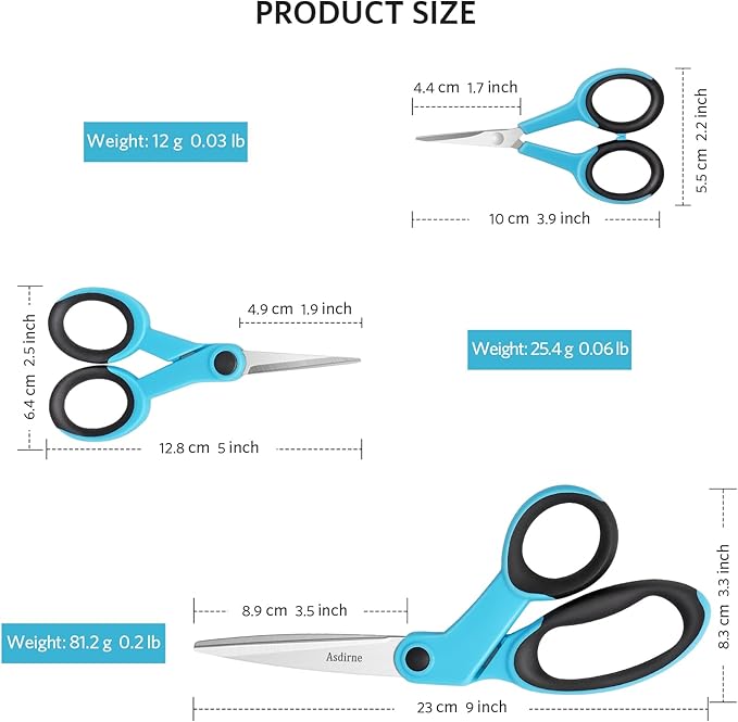 Fabric Scissors Set - Sharp Stainless Steel Blade and Soft Handles, Sewing, Craft and Embroidery Scissors, 3PCs, Blue/Black