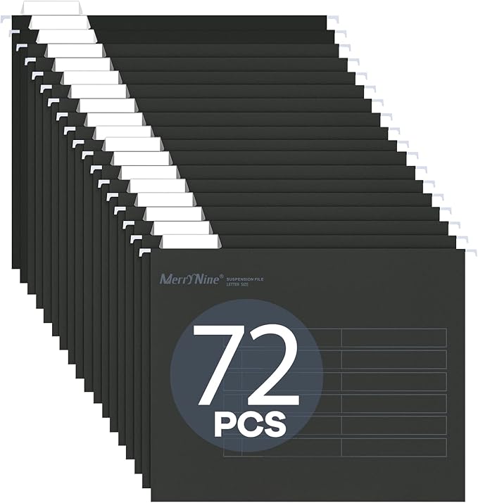 Merrynine Hanging File Folders Letter Size 72pcs, Paper Filing Cabinet Folders Organizer with 1/5-Cut Tabs and Inserts, Suspension File Organizers for Office School Home Hospital, Black