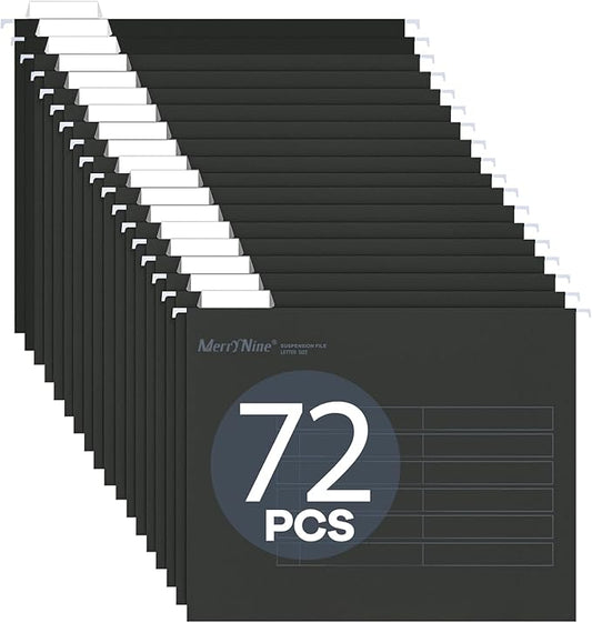 Merrynine Hanging File Folders Letter Size 72pcs, Paper Filing Cabinet Folders Organizer with 1/5-Cut Tabs and Inserts, Suspension File Organizers for Office School Home Hospital, Black