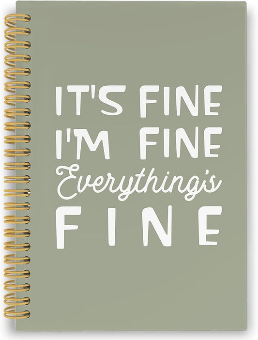 XPH Funny Green Spiral Notebook, It's Fine I'm Everything Is Fine Journaling Notebooks for Women Men, Humorous Hardcover Journals for Office 160 Pages 5.5 x 8.3 Inch, Sarcastic Gifts for Coworkers