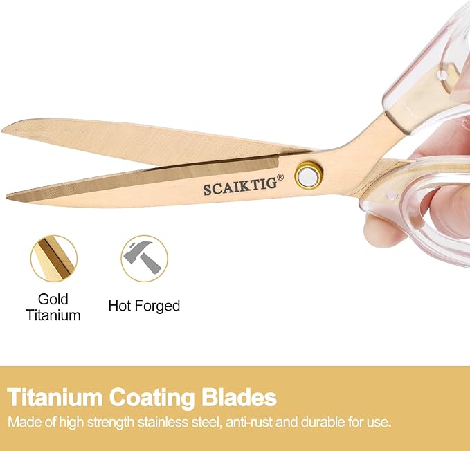 Acrylic Scissors Set, Office Scissors for Desk Gold, Clear Comfort-Grip Handles and Titanium Coated Blades, Sharp Scissors all Purpose Heavy Duty for Sewing, Art, Craft, School, Home Supplies