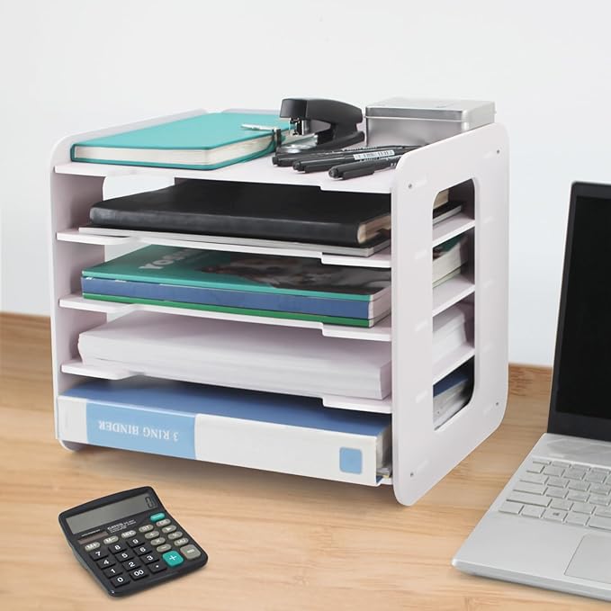 SONGWAY Paper Storage Organizer for Desk - 7 Tier Horizontal Paper Sorter Organizer, Letter Mail Tray, File Folder Holder Rack, White Desk File Organizer for Home Office
