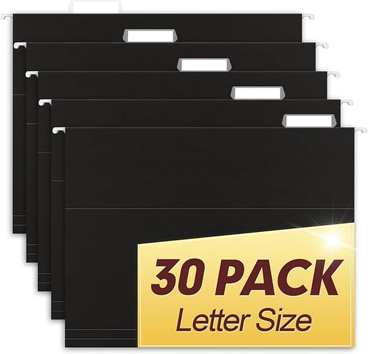 HERKKA Hanging File Folders, 30 Pack Reinforced Letter Size Hanging Folders, Designed for Bulky Files, Filing Cabinet, 1/5-Cut Adjustable Tabs (Black)