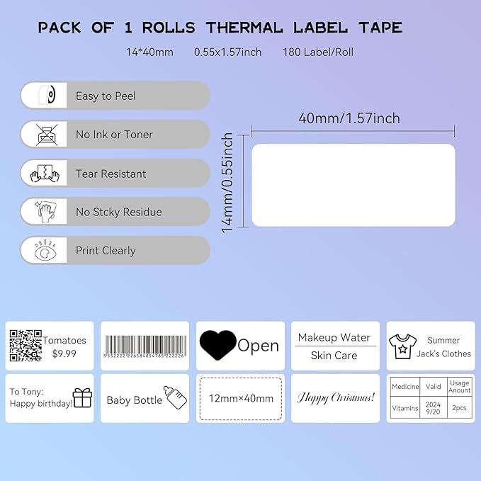 EEBBL D30 Label Maker Tape, Thermal Self-Adhesive 14x40mm (0.55"x1.57"), Compatible With D30 Portable Printer, 185 Labels/Roll (White)