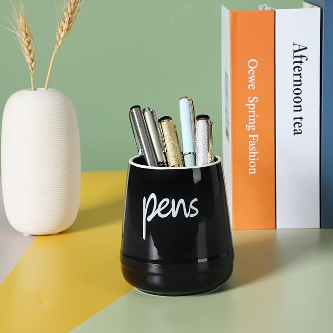 LEEOTYI Ceramic Farmhouse Pen Holder for Desk, Pencil Organizer 16 oz (Black)