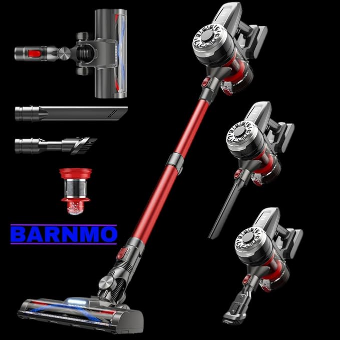 BARNMO Cordless Stick Vacuum, Red, 45 Min Runtime, LED Headlights, 2-Speed, Telescopic Tube with Main Vacuum Brush, Crevice Tool, dust Brush, Removable-Rechargeable Battery Pack with Charging Cord