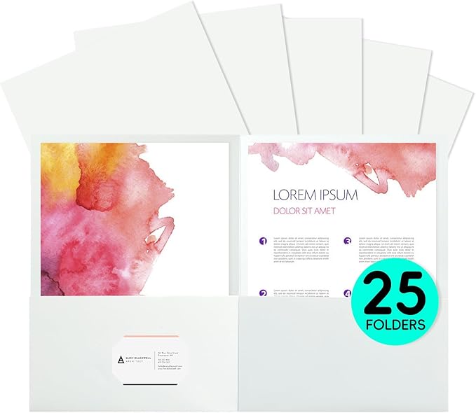 25Pcs White File Folders with Pockets and Business Card Holder,2 Pocket Folders for School,Home or Office,Durable Heavy Duty File Folders