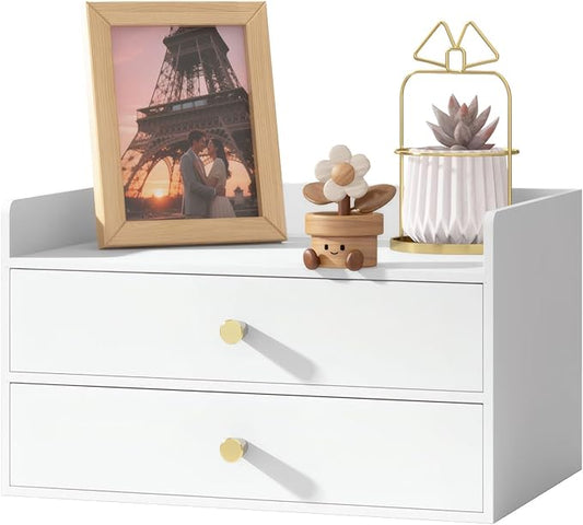 Bamboo Desk Organizer with Drawers Wooden Desktop Storage Organization Box for Bills Office Supplies Kitchen Utensils Organizing Tool for Home Classroom Vanity, No Assembly Required (2 Drawers, White)