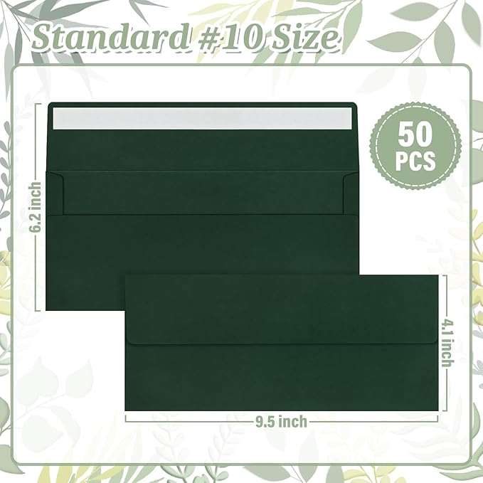 Mulbozy 50 Pcs Dark Green #10 Business Envelopes, Self Seal Standard Envelopes, Windowless Business Mailing Envelopes for Office Checks Letters Invoices Statements Wedding, Size 4-1/8 x 9-1/2 inch